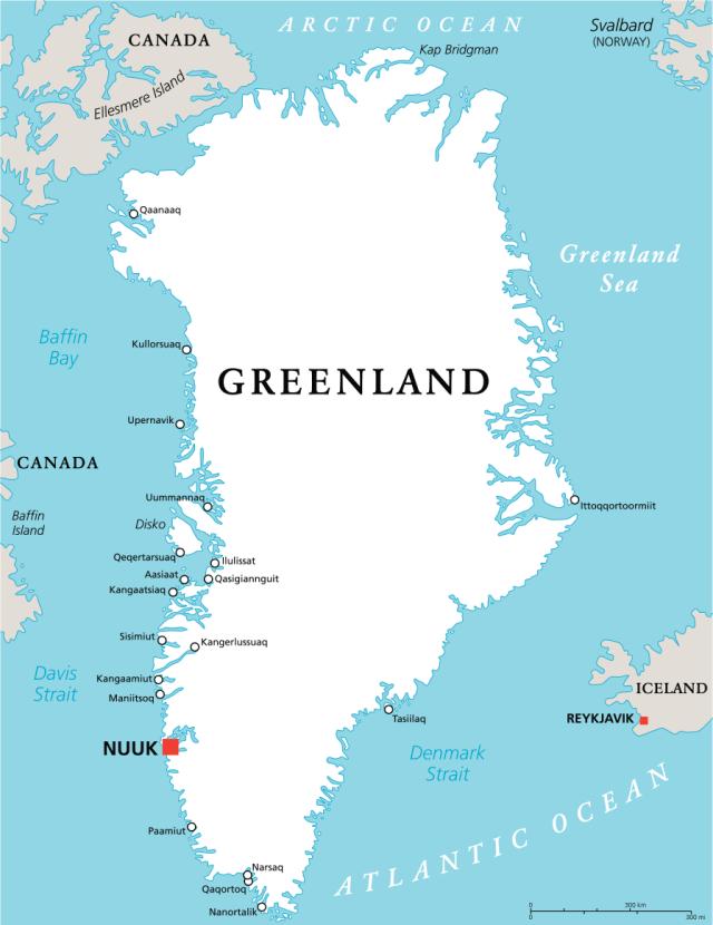 Map of Greenland showing the size of the country